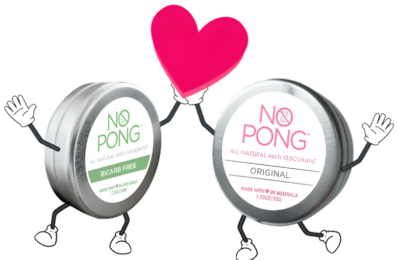 Two No Pong tins with arms and legs holding up a pink heart together
