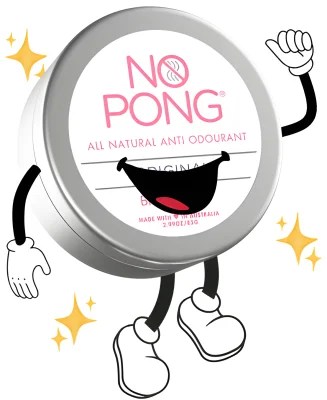 A No Pong tin with a big cartoon grin doing a fist pump, gold sparkles around it
